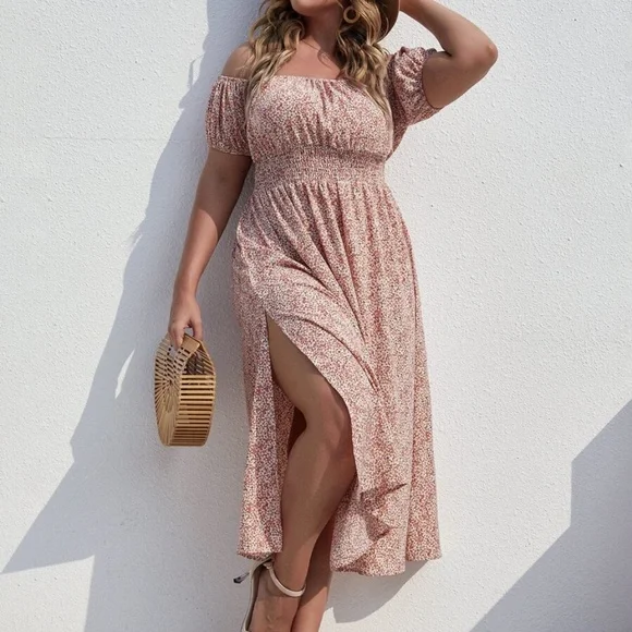Boho Plus Floral Print Off Shoulder Slit Maxi Dress - Picture 2 of 5